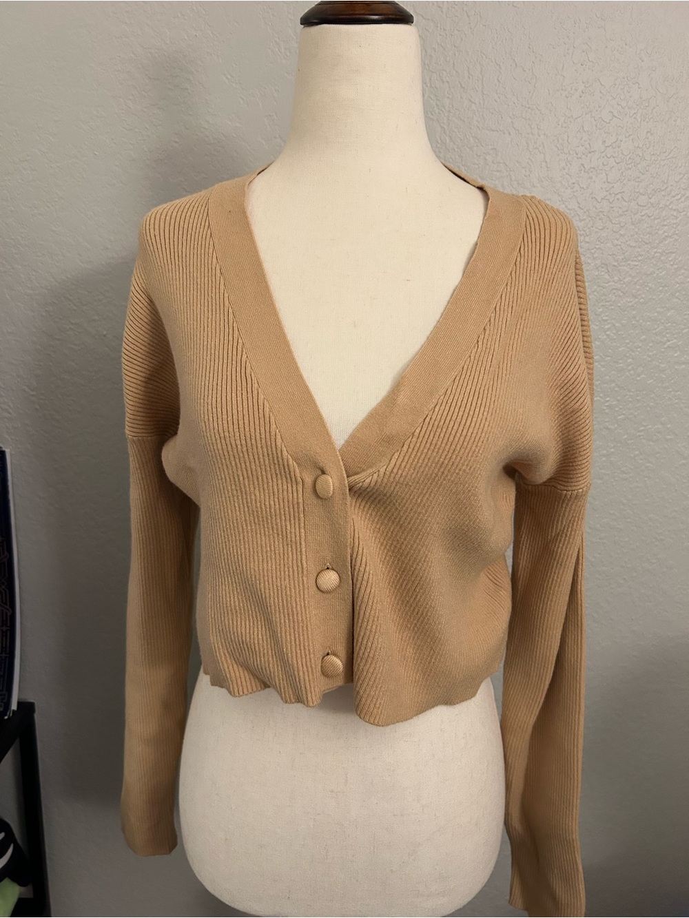 INC International Concepts Women's Camel V-Neck Cropped Button Cardigan